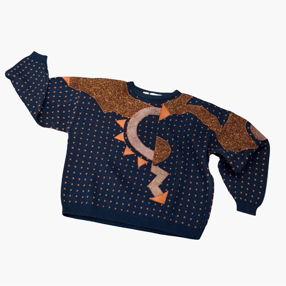 TONY LAMBERT 80’s Sweater Navy Brown Graphic Crewneck Sweater M